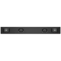 Black APC AP6020A PDU with 13 AC outlets, 0U/1U rack mountable design, sleek rectangular shape.