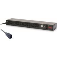 Black APC AP7921B PDU with 8 AC outlets, digital display, and power cord, suitable for 0U/1U rack mounting.