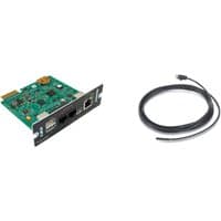 Green APC Smart-UPS Network Management Card with Ethernet port, USB port, and black cable for environmental monitoring.