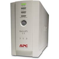 APC Back-UPS tower, 350VA/210W, beige with LED indicators, 4 IEC C13 outlets, user-replaceable battery.
