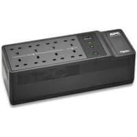 Black APC Back-UPS with 8 British outlets, USB port, and user-replaceable battery, suitable for floor or wall mount.