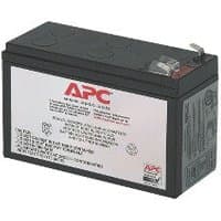 Black APC Battery Replacement Cartridge APCRBC106 with red and white label, metal terminals on top.