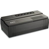 Black APC BV650I UPS with ribbed sides, single AC outlet, and multiple battery backup ports on top.