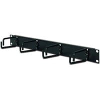 Black APC 1U horizontal cable organizer with multiple cable loops and mounting brackets.