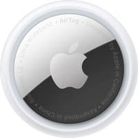 White circular Apple AirTag with silver center, engraved Apple logo, and text around the edge.