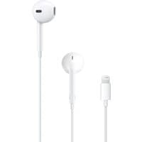 White Apple EarPods with Lightning Connector, featuring in-ear design and built-in remote control.