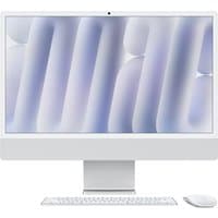 Silver Apple iMac 24-inch with Retina 4.5K display, sleek stand, wireless keyboard and mouse, minimalist design.