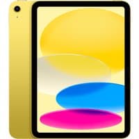 Yellow Apple iPad 11-inch Wi-Fi 128GB with black bezel and colorful abstract screen design.