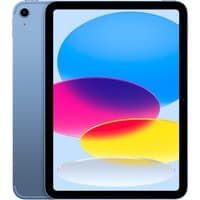 Blue Apple iPad 11-inch Wi-Fi + Cellular, 128GB, with black bezel and colorful display showing abstract circles.
