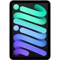 Space Grey Apple iPad mini Wi-Fi 256GB with black bezel and colorful display showing abstract design.