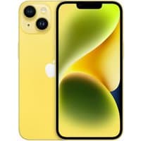 Yellow Apple iPhone 14 with dual rear cameras, 256GB storage, and edge-to-edge display.