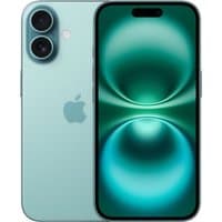 Teal Apple iPhone 16 with dual rear cameras, sleek design, and 128GB storage.