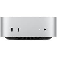 Silver Apple Mac mini with Apple M M4 chip, 16 GB RAM, 256 GB SSD, featuring sleek design and front ports.