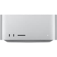Silver Apple Mac Studio Mini PC with sleek design, front ports, and LED indicator.
