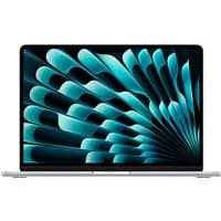 Silver Apple MacBook Air 13-inch with M4 chip, sleek design, open display showing abstract teal pattern.