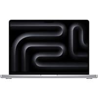 Silver Apple MacBook Pro 14-inch with M5 chip, sleek design, black keyboard, and large display showing abstract pattern.