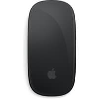 Black Apple Magic Mouse, sleek design, glossy surface, ambidextrous, Bluetooth connectivity.