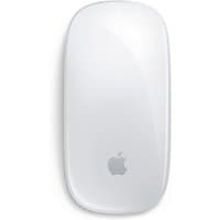 White Apple Magic Mouse with sleek multi-touch surface and minimalist design.