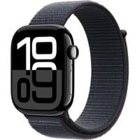 Apple Watch Series 10, 46mm jet black aluminum case, ink sport loop, bold white numerals on black display.