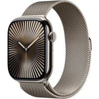 Apple Watch Series 10, 46mm natural titanium case, natural Milanese loop band, sleek design, digital display.