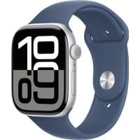 Apple Watch Series 10, 46mm silver aluminum case, denim sport band, digital display showing time.