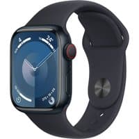 Apple Watch Series 9, 41mm Midnight Aluminum Case, Midnight Sport Band, rounded display, red-accented crown.