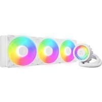 White ARCTIC Liquid Freezer III Pro 420 A-RGB CPU cooler with three rainbow-lit fans and a round pump head.
