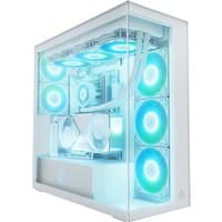White ARCTIC Xtender VG E-ATX PC case with vertical GPU mount, RGB fans, and tempered glass side panel.