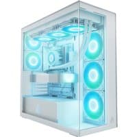 White ARCTIC Xtender E-ATX PC case with tempered glass, RGB fans, and sleek minimalist design.