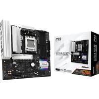ASRock A620AM Pro RS micro ATX motherboard with black PCB, silver heatsinks, and RGB lighting, next to product box.