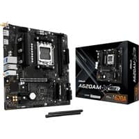 ASRock A620AM-X WiFi micro ATX motherboard, black with white labels, multiple ports, and socket AM5, next to packaging.