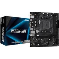 ASRock B550M-HDV micro ATX motherboard, black with multiple ports, beside its blue and black packaging box.