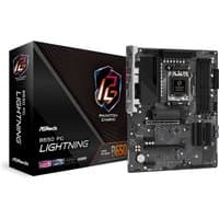 ASRock B650 PG Lightning motherboard, black ATX with multiple slots, next to branded box with colorful logo.