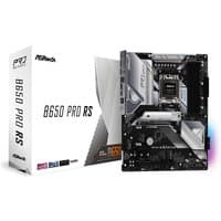 ASRock B650 Pro RS ATX motherboard with black and silver design, featuring multiple slots and ports, next to its box.