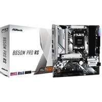 ASRock B650M Pro RS micro ATX motherboard, black and silver design, with multiple slots and ports, next to its box.