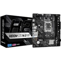 ASRock H610M-H2/M.2 D5 micro ATX motherboard, black with silver accents, LGA 1700 socket, next to product box.