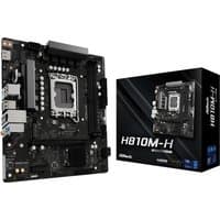ASRock H810M-H micro ATX motherboard with black PCB, silver heatsinks, and LGA 1851 socket, next to product box.