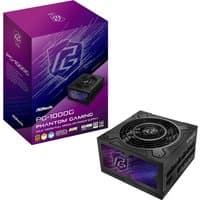 ASRock PG-1000G black power supply unit, 1000W, 24-pin ATX, with fan grill and purple Phantom Gaming logo.