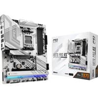 ASRock X870 PRO RS motherboard, white and silver design, ATX form factor, with box showing product image and branding.
