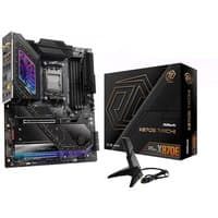 ASRock X870E Taichi motherboard, black with gold accents, RGB lighting, and socket AM5, next to its black and gold box.