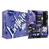 ASRock Z790 LiveMixer motherboard, purple and black with white splatter design, LGA 1700 ATX form factor.