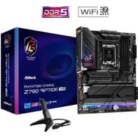 ASRock Z790 Riptide WiFi motherboard with black PCB, heatsinks, and RGB lighting, next to branded packaging.