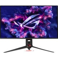 Asus 31.5" ROG Swift OLED 4K monitor, thin bezels, ROG logo on screen, sleek black stand with red accents.