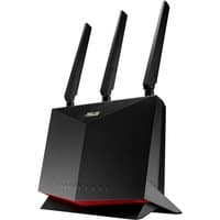 Black ASUS 4G-AC86U wireless router with three antennas, angular design, and dual-band Gigabit Ethernet capability.