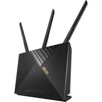 Black ASUS 4G-AX56 wireless router with three antennas, dual-band capability, and sleek angular design.