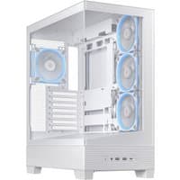 White ASUS A31 Plus TG ARGB midi tower case with tempered glass, blue LED fans, and front USB ports.