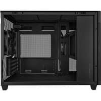 Black ASUS AP201 PRIME Mini Tower case with mesh side panel, spacious interior, and cooling fan mounts.