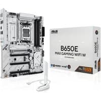 White ASUS B650E MAX GAMING WIFI W motherboard with AM5 socket, ATX form factor, and dual antennas, next to packaging.