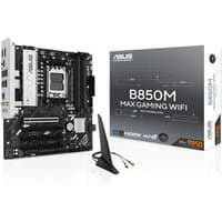 ASUS B850M MAX GAMING WIFI micro ATX motherboard, black with silver accents, includes WiFi antenna and packaging box.