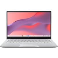 ASUS Chromebook CX1405CKA, 14" grey laptop, slim design, full HD display, chiclet keyboard, ChromeOS interface visible.